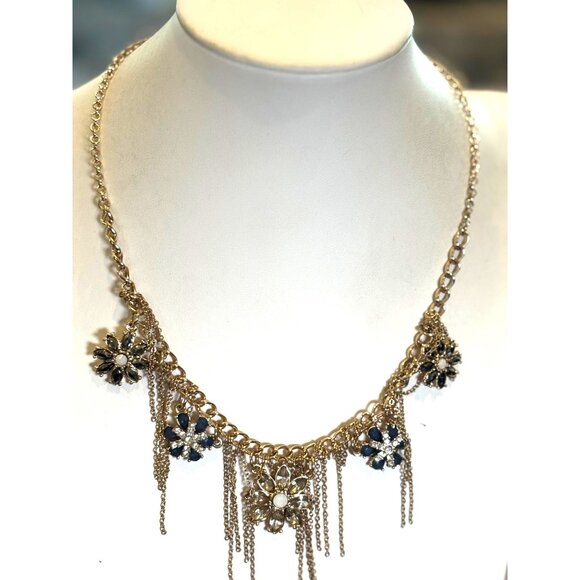 Gold Floral Statement fringe Necklace With Blue & Clear Gem Accents Dangle Chai - Picture 1 of 12
